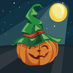 Halloween laughing pumpkin under the moonlight. Vector illustration. Halloween poster. Background.  witches hat.