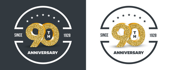 90th Anniversary logo on dark and white background. 90-year anniversary banners. Vector illustration.