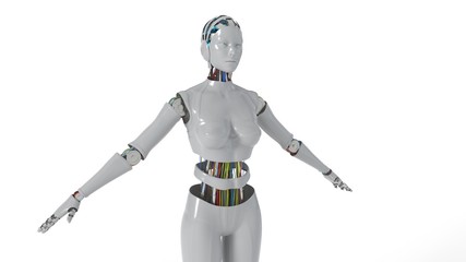 Robot woman working white background, 3d rendering