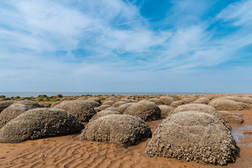 Beach in Hunstanton, Norfolk england UK. At low tide you can see large boulders against the sunny sky.