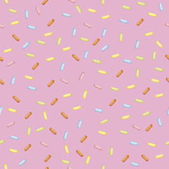 Seamless Modern Vector Confetti. Background Pattern. Covering confectionery. confetti on pink background. colored caramel, lollipops. multicolored sticks. Memphis Pattern. decoration. Holiday Texture