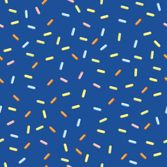 Seamless Modern Vector Confetti. Background Pattern. Covering confectionery. confetti on dark blue background. colored caramel, lollipops. multicolored sticks. Memphis Pattern. Holiday Texture