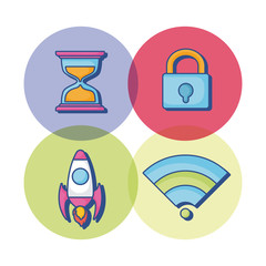 Digital marketing icon set over colorful circles and white background, vector illustration