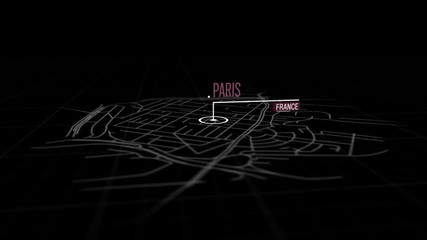 Locations Paris, France. Animation of marking a point  in the city of Paris, France. Location of the city, large shopping center. Video in 4K with resolution of 3840x2160.
