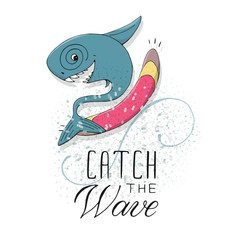happy shark on serf board catching waves in summer. vector illustration