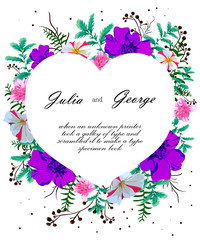 Wedding invitation card. We invite you to design. the composition of colors with colored elements on a white background. vector illustration. green leaves, the color of the frame. white heart