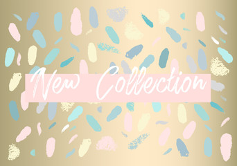 Pastel Abstract Brush stroke Confetti shapes on Gold background. New Collection fashion header or advertising banner template. Can use for invitation card, business card, wedding, seasonal clearance.