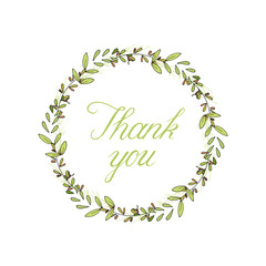 vector illustration of romantic thank you card with flowers wreath and calligraphy