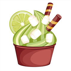 soft pistachio or mint ice cream in a chocolate Cup. delicious dessert, decorated with whipped cream, lime, waffle tube, and marshmallow. Vector illustration on white background.