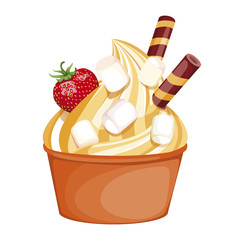 soft berry ice cream in a Cup. delicious dessert, decorated with whipped cream, strawberry, waffle tube, and marshmallow. Vector illustration on white background.