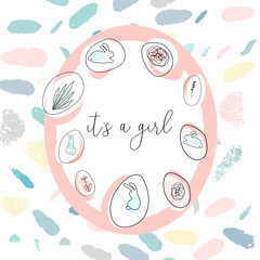 Hand drawn abstract pastel baby shower card with brush confetti, floral and bunny doodles in childish style. Delicate print for invitations, greeting cards, party, postcards, apparel design, nursery