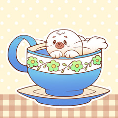 Cute little funny kawaii animal seal pet illustration in a tea coffee cup cartoon vector print illustration