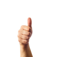 Adult male hand showing thumbs up gesture isolated on white