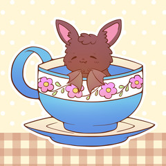 Cute little funny kawaii animal bat pet illustration in a tea coffee cup cartoon vector print illustration