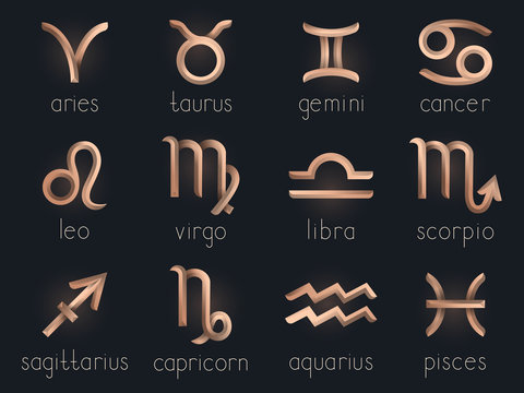 Vector set of Gold zodiac signs. Horoscope symbols collection: aries, taurus, gemini, cancer, leo, virgo, libra, scorpio, sagitarius, capricorn, aquarius, pisces.