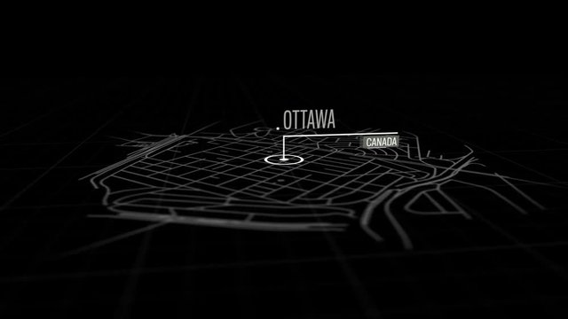 Locations Ottawa, Canada. Animation of marking a point in Ottawa, Canada. Location of the city, large shopping center. Video in 4K with resolution of 3840x2160.