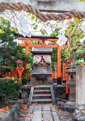 View of the altar and sculpture, Kyoto, Japan. Copy space for text. Vertical.