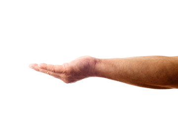 Adult male hand showing gesture of holding something isolated on white