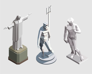 Set of vector isometric statues. Famous landmarks. Jesus Christ in Rio de Janeiro,  statue of Neptune from Bologna, Italy, Michelangelo's David from Florance, Italy.