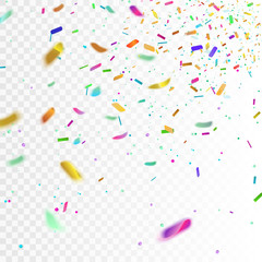 Stock vector illustration of realistic colorful confetti, glitters Isolated on a transparent checkered background. Festive background. Holiday decorative tinsel element for design. EPS10.