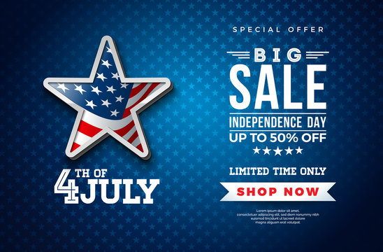 Fourth of July. Independence Day Sale Banner Design with Flag in 3d Star on Dark Background. USA National Holiday Vector Illustration with Special Offer Typography Elements for Coupon, Voucher, Banner