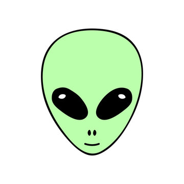 Cute simple alien vector hand drawn icon, sticker, badge, illustration. Green alien cartoon.