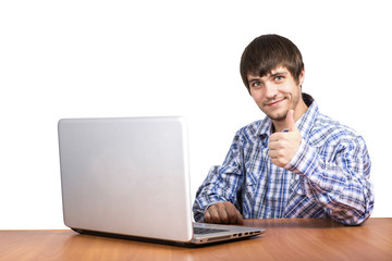 guy working behind laptop showing hand like a white background on white background
