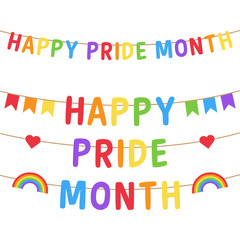 Happy Pride Month vector colorful garland illustration. Rainbow letters hanging on string. Pride bunting with letters, flags, hearts and rainbows.