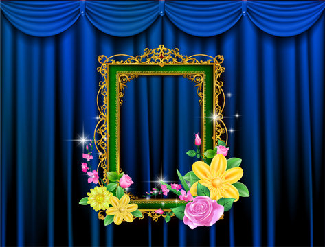 Golden royal frame photo on drake blue curtain stage background
