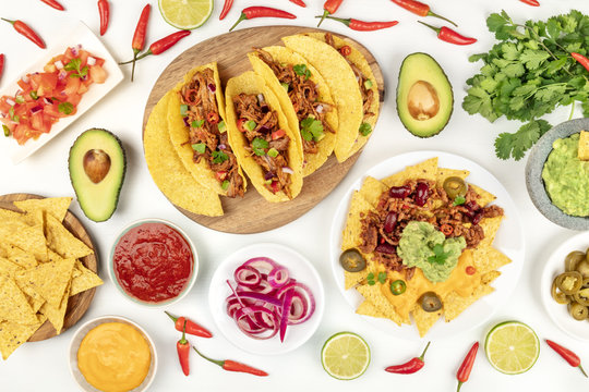Overhead photo of assortment of Mexican foods