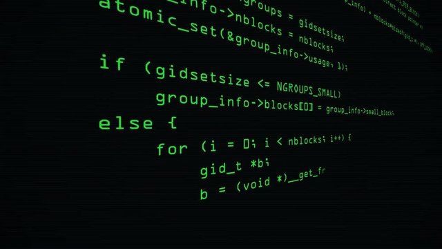 Side view of hacker code running down in computer screen terminal. Display of process of hacker breaching net security.