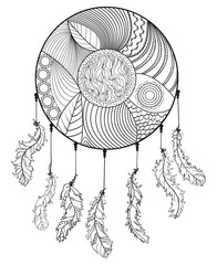 Dreamcatcher. Hand drawn american indians symbol. Zentangle. Black and white illustration for coloring. Zen art. Design for spiritual relaxation for adults. Unique image for design. Line art