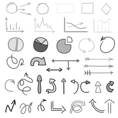 Infographic elements. Circles, arrows and rectangle frames. Big set of different signs on white background. Hand drawn simple symbols for design and work. Line art