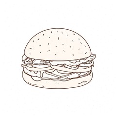 Tasty hamburger hand drawn with contour lines on white background. Drawing of juicy burger or sandwich with meat patty, cheese and vegetables, delicious fast food meal. Monochrome vector illustration.