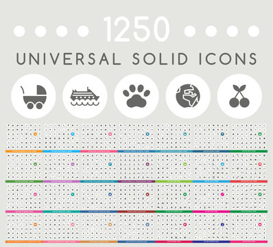 Set of 1250 Elegant Universal Black Minimalistic Solid Icons on Circular Colored Buttons on Grey Background