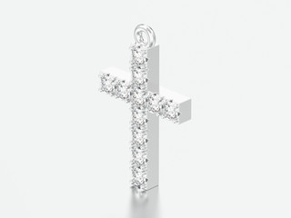 3D illustration white gold or silver decorative diamond cross pendant