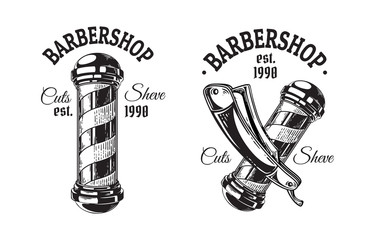 Set of vintage barbershop emblems labels badges logos pole blade. Isolated on white background. Vector illustration