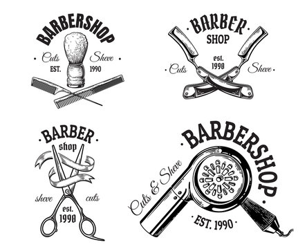 Set of vintage barbershop emblems labels badges logos scissors blade brush. Isolated on white background. Vector illustration