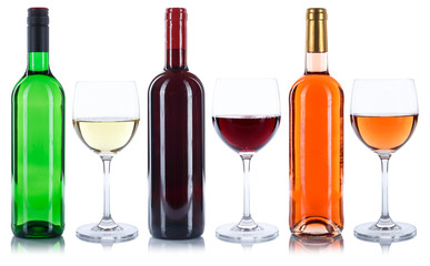 Wein Flaschen Weinflaschen Weingläser Gläser Weine Rotwein Rose Weißwein Alkohol freigestellt Freisteller