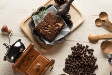 coffee bean brownie with coffee pot on wood background