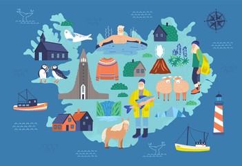 Map of Iceland with touristic landmarks and national symbols - lighthouse, sheep, fisherman, man in hot pool, Icelandic horse, Hallgrimskirkja. Colorful vector illustration in flat cartoon style.