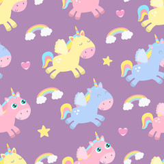Cute unicorn seamless background. Flat design.