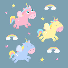 Cute unicorns, pegasus vector illustration