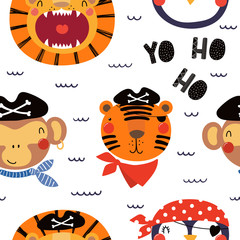 Hand drawn seamless vector pattern with different cute pirate animals, on a white background. Scandinavian style flat design. Concept for children, textile print, wallpaper, wrapping paper.