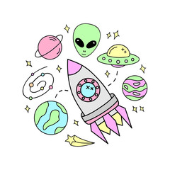 Outer space vector objects. Hand drawn spaceship, alien, ufo, planets, stars, comet and solar system. Cute colorful space icons, set.