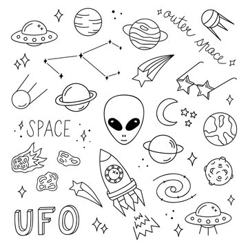 Outer space vector objects and writings. Alien, ufo, planets, comet, satellite, solar system, meteorite, stars, rocket and other space icons. Cute, simple black outlined, hand drawn galaxy set.