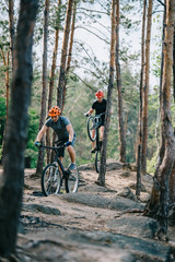 Naklejka premium Active young trial bikers riding at beautiful pine forest