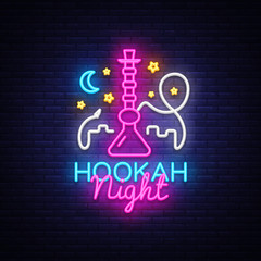 Hookah neon sign vector. Night Hookah Design Template, Light Banner, Night Bright Advertising, Bright Signboard, Design Element Hookah Emblem, Nightlife. Vector illustration