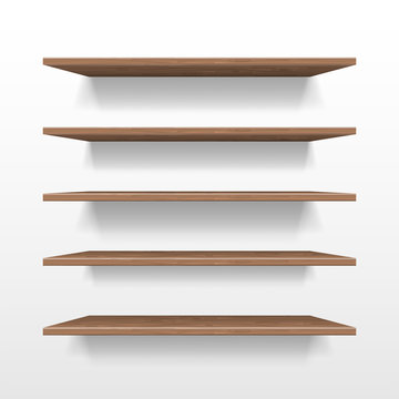 Empty wooden shop or exhibition shelf, retail shelves mockup isolated. Realistic wooden bookshelf with shadow on wall, 3d Bookshelf store or shop vector illustration