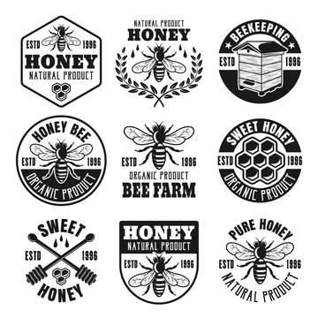 Honey and beekeeping set of vector vintage emblems